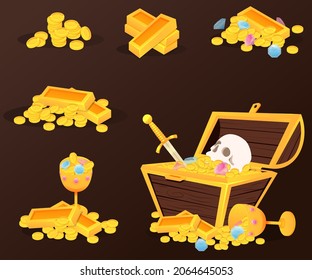 Collection cartoon of wooden chests with treasures of gold coins and jewels. Game design money items. Gold coins
