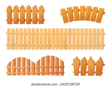 Collection of Cartoon Wooden Fences. Set of Enclosures in Various Styles. Vector Illustration of Barriers of Various Shapes and Lengths Isolated on White Background.