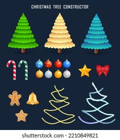 Collection of cartoon Xmas trees and decorations - candy cane, Christmas balls, golden star, red bow, gingerbread man, gingerbread star, bell and tinsel. Create your Christmas tree. New year objetcs