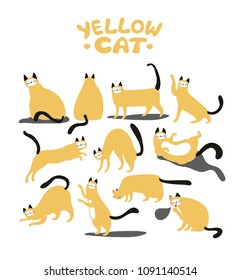 Collection cartoon yellow cat. Vector illustration. Isolated on white background.