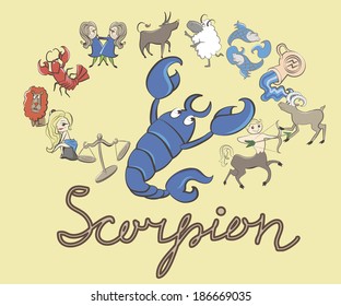 collection of cartoon zodiac signs headed by Scorpion