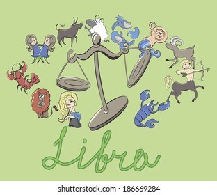 collection of cartoon zodiac signs headed by Libra