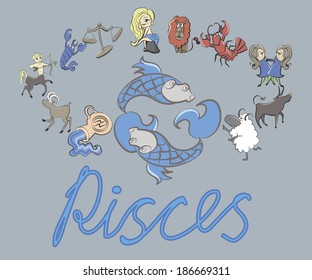 collection of cartoon zodiac signs headed by Pisces