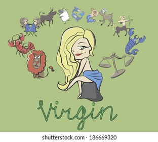 collection of cartoon zodiac signs, headed by a virgin