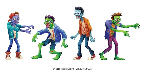 Collection of cartoon zombie characters with different poses. Vector illustration