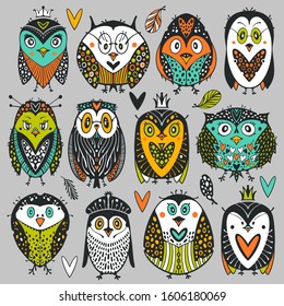 Collection of cartoons owls and penguins.