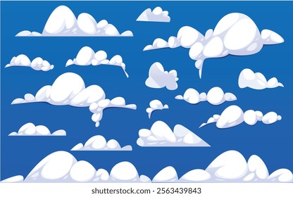 Collection of cartoon-style cloud illustrations in various shapes and sizes, perfect for animations, games, and playful designs. Soft and fluffy clouds with a whimsical touch.