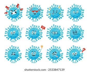 A collection of cartoon-style coronavirus characters showcasing a range of emotions like happiness, sadness, confusion, and frustration, adding a playful touch to serious themes.