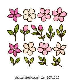 Uma coleção de flores, botões e folhas em estilo cartoon em rosa, creme e verde com contornos castanhos, em um fundo branco.