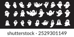 Collection of cartoon-style ghost characters on a black background. Each ghost has a playful design with white bodies and various expressions, creating a clean and minimalistic look.