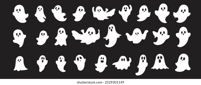 Collection of cartoon-style ghost characters on a black background. Each ghost has a playful design with white bodies and various expressions, creating a clean and minimalistic look.