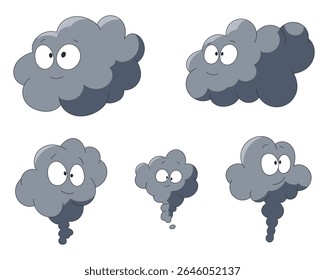 A collection of cartoon-style grey clouds with whimsical expressions featuring big eyes and small smiles, some with exhaust tails, against a white background.