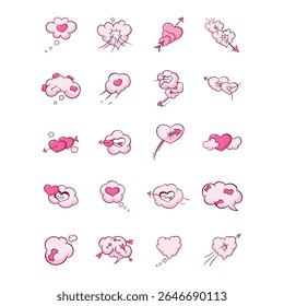 Collection of cartoon-style icons featuring hearts, arrows, and thought clouds in a vibrant pink color scheme.  The icons are suitable for Valentine's Day or general use relating to love and romance.