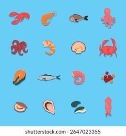 Coleção de ilustrações em estilo cartoon retratando diferentes tipos de frutos do mar, incluindo lagosta, camarão, peixe, polvo, lula, caranguejo e ostras. As ilustrações são apresentadas em um design plano 