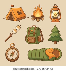 A collection of cartoon-style illustrations featuring essential camping equipment for outdoor adventures and wilderness exploration.