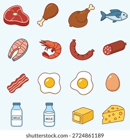 Uma coleção de ilustrações em estilo cartoon com vários itens de comida, incluindo carne, peixe, ovos e laticínios.