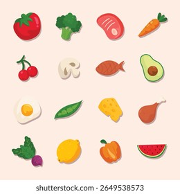 Collection of cartoon-style illustrations representing diverse food items, including fruits, vegetables, meats, dairy products, and eggs. The style is simple and colorful, suitable for educational 