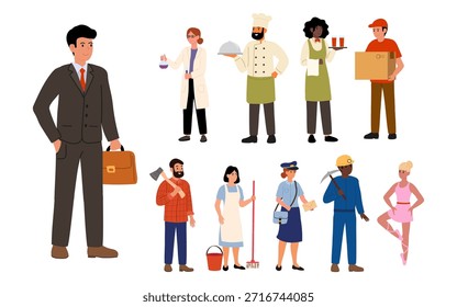 Collection of cartoon-style illustrations representing various professions with dressed in overalls and profession items