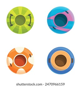 Collection of cartoonstyle inflatable swim rings in various vibrant colors and patterns