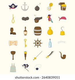 Collection of cartoon-style pirate-themed icons, including various tools, objects, and accessories, displayed against a plain white backdrop. Each icon is colored and designed in a flat, simple style.