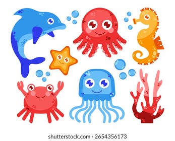 Collection of cartoon-style sea animals and underwater elements. Includes a dolphin, jellyfish, octopus, crab, starfish, seahorse, coral. Perfect for children's books, ocean-themed and summer prints