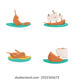 Collection of cartoonstyle shipwrecks and sailing ships isolated on a white background