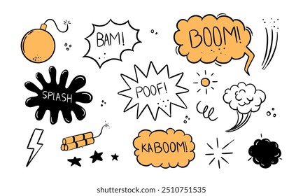 Eine Kollektion von Soundeffekten im Cartoon-Stil für Comics und andere grafische Gestaltungszwecke, einschließlich Explosionen, Spritzern und Sternenbursten.