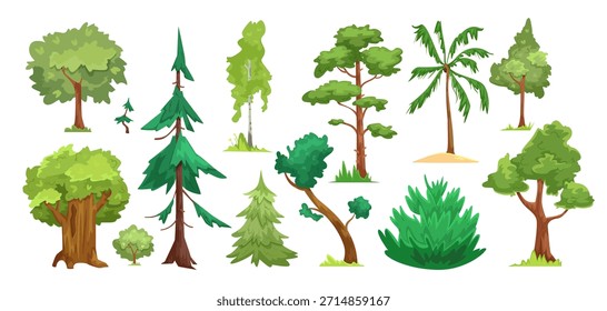 Collection of cartoon-style trees and bushes in different shapes and sizes, flat graphic style, isolated on white background. Concept of nature. Vector illustration