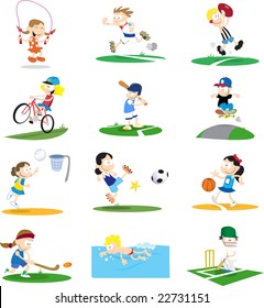 A collection of cartoon-style vector illustrations of kids playing a variety of sports. The vector can be easily edited to remove the small backgrounds.