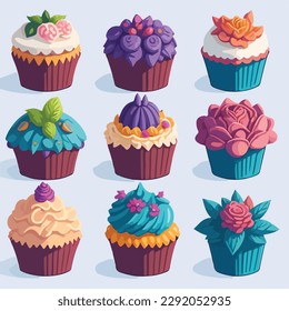 collection of cartoony delicious cupcakes clipart, top-down view, satellite view, fantasy style, game assets, 4k, white background, vivid colors, simple, cute, flavor, flat white wallpaper, Vector