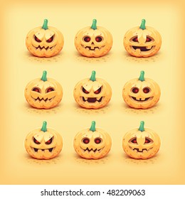Collection of carved Halloween pumpkin faces. Vector illustration