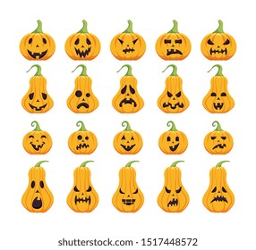 Collection of carved pumpkin design. Halloween holiday icon set. Collection of different pumpkin emotion. 