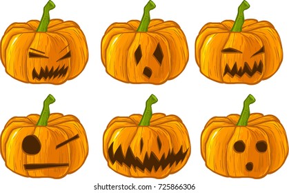 Collection of carved pumpkins. Vector halloween pumpkin faces.