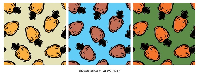 Collection of cashew nuts seamless patterns. Modern and editable colors. Editable vector illustration. Hand drawn in doodle style.