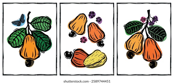 Collection of cashew posters and banners. Fruits, nuts, leaves and flowers. Woodcut style illustration, colorful and editable. For prints, cards, etc.