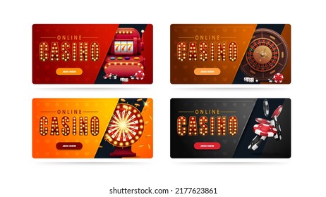 Colección de banners del casino con elementos del casino aislados en fondo blanco