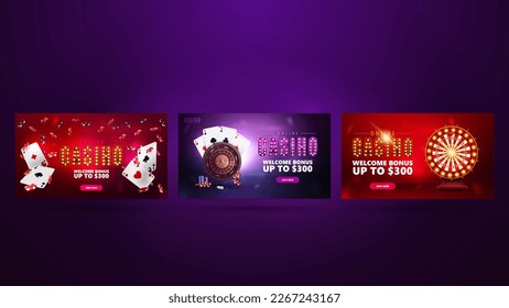 Collection of casino banners with casino elements. Web banners with playing cards, roulette and lottery wheel