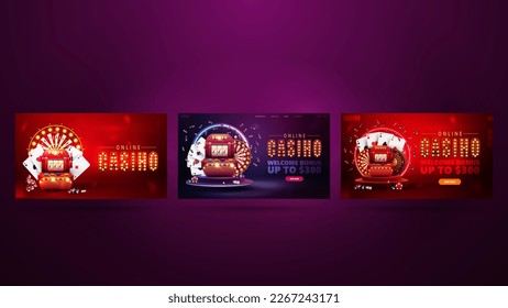 Collection of casino banners with casino slot machines, wheel of fortune and playing cards