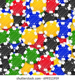 Collection casino chips style seamless pattern. Background of casino chips as a pattern for designers and illustrators. Cover of multi-colored stakes in the form of vector illustration