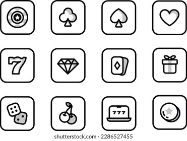 collection of casino icons in outlines and vector format, with shadow effect. Igaming, online gaming icons, online betting, poker chip, outlined icons, casino illustrations, Minimal design iconography