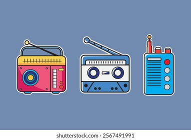 Collection of Cassette Players, Walkie Talkies, and Vintage Radios in vector sticker form, you can change each element according to your needs