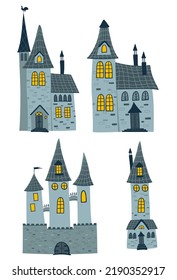 Collection of castles. Halloween haunted houses. 