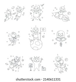 Collection of cat astronauts. Doodle vector illustration of a funny kittens in the space. Vector 10 EPS.