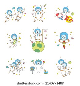 Collection of cat astronauts. Doodle vector illustration of a funny kittens in the space. Vector 10 EPS.