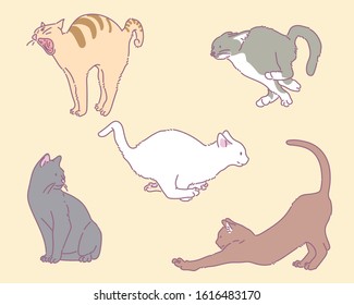 Collection of cat drawings in various poses. hand drawn style vector design illustrations. 