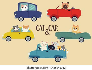 The collection of the cat driving a car set in flat vector style. Graphic resource graphic,content , banner, sticker label and greeting card.