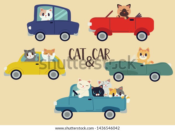 The collection of the cat driving a car\
set in flat vector style. Graphic resource graphic,content ,\
banner, sticker label and greeting\
card.