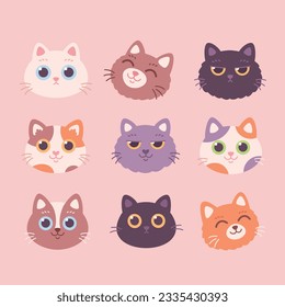 Collection of Cat faces. Cat characters with different emotions and facial expressions. Vector illustration in flat style