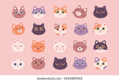 Collection of Cat faces. Cat characters with different emotions and facial expressions. Vector illustration in flat style