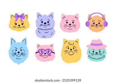 Collection of cat faces in doodle  style on white background.